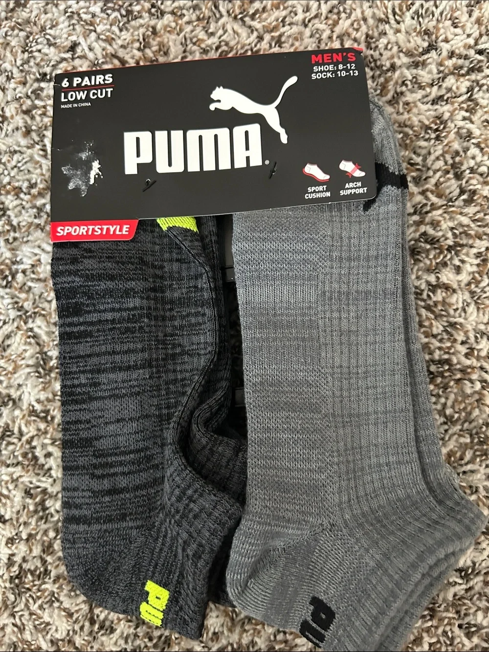 Puma Men’s Low Cut Athletic Socks - Gray, Dark Gray & Neon Yellow (6 Pairs)